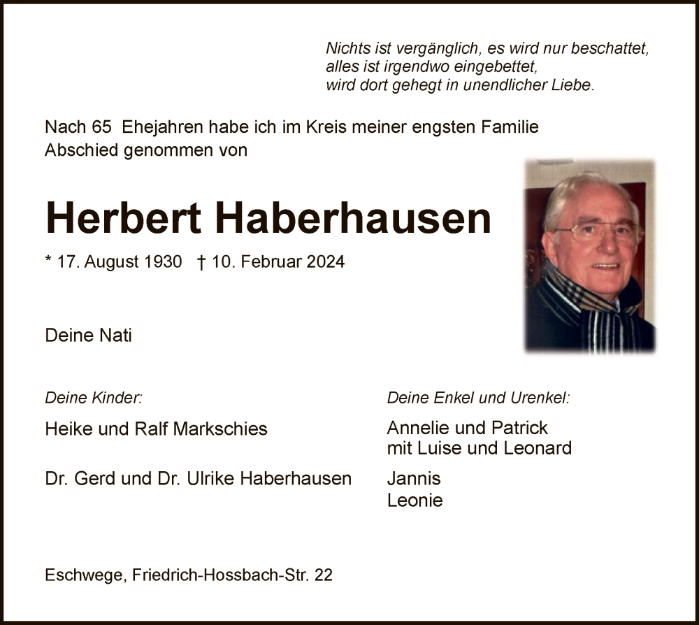  Traueranzeige für Herbert Haberhausen vom 17.02.2024 aus WRS