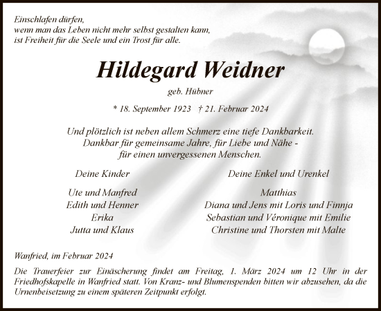 Traueranzeige von Hildegard Weidner von WRS
