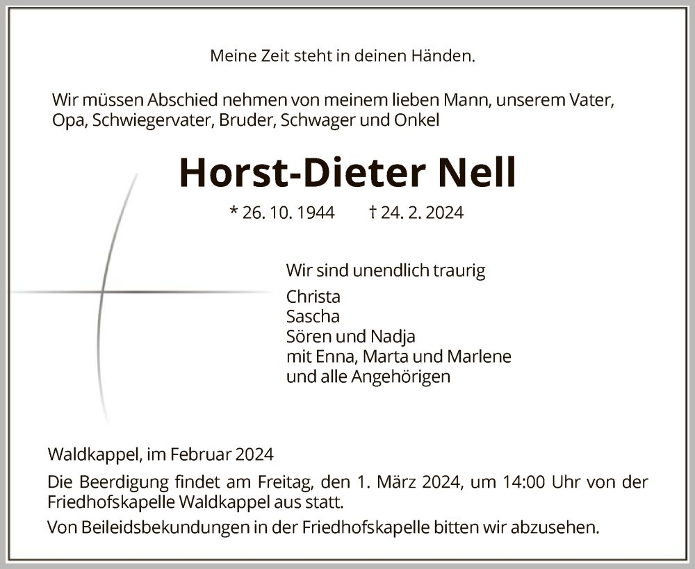  Traueranzeige für Horst-Dieter Nell vom 28.02.2024 aus WRS
