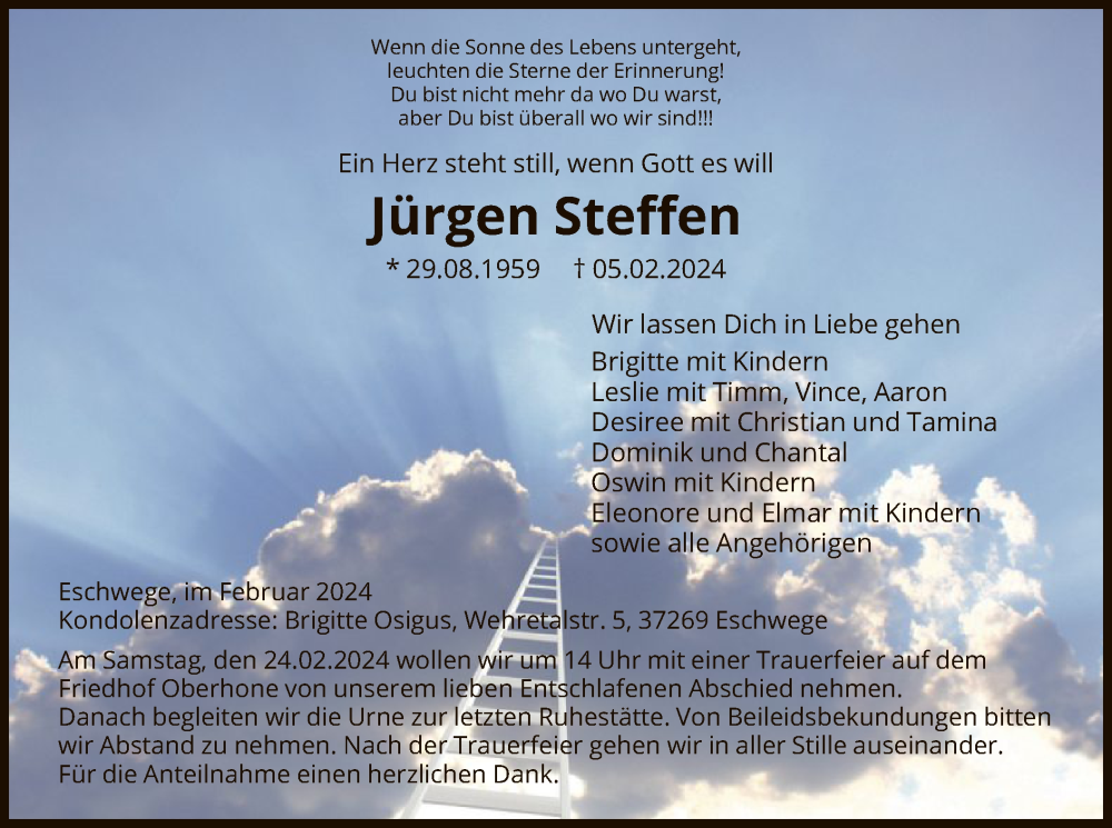  Traueranzeige für Jürgen Steffen vom 17.02.2024 aus WRS