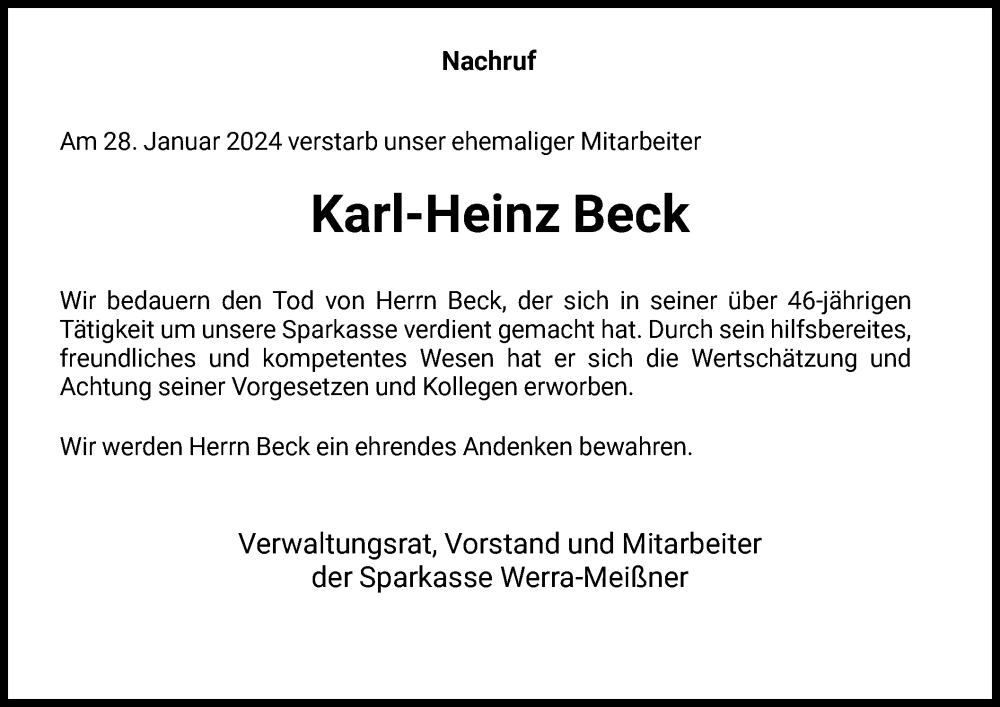  Traueranzeige für Karl-Heinz Beck vom 03.02.2024 aus WRS