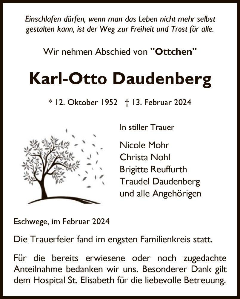  Traueranzeige für Karl-Otto Daudenberg vom 24.02.2024 aus WRS