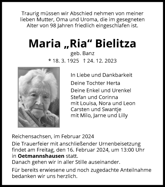 Traueranzeige von Maria Bielitza von WRS