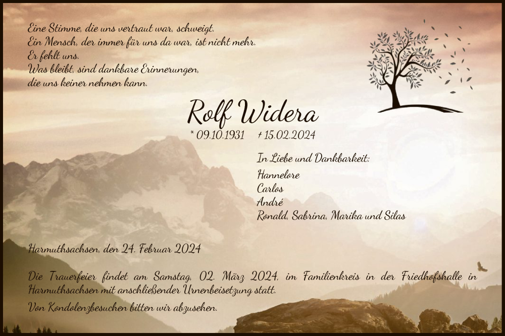  Traueranzeige für Rolf Widera vom 24.02.2024 aus WRS