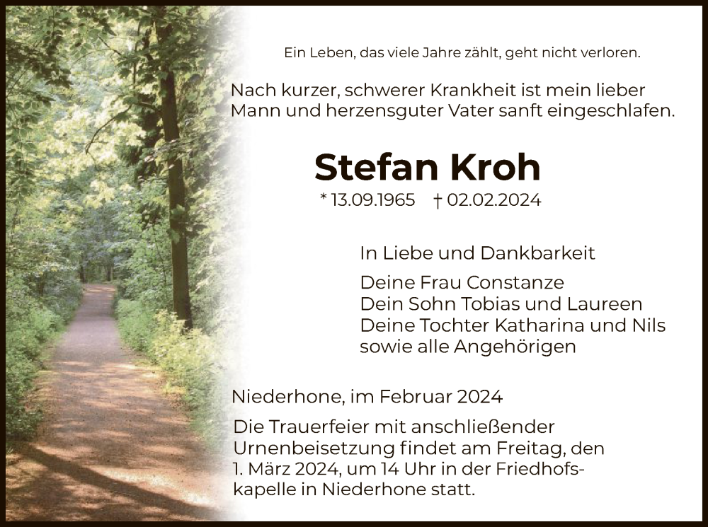  Traueranzeige für Stefan Kroh vom 27.02.2024 aus WRS