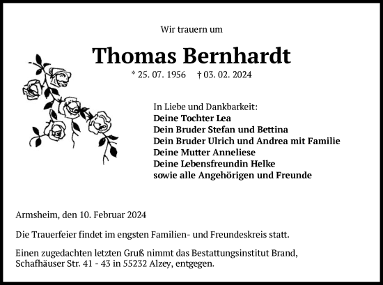 Traueranzeige von Thomas Bernhardt von WRS