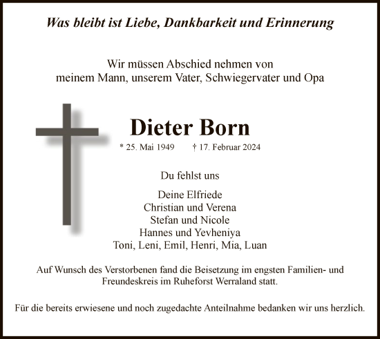 Traueranzeige von Dieter Born von WRS