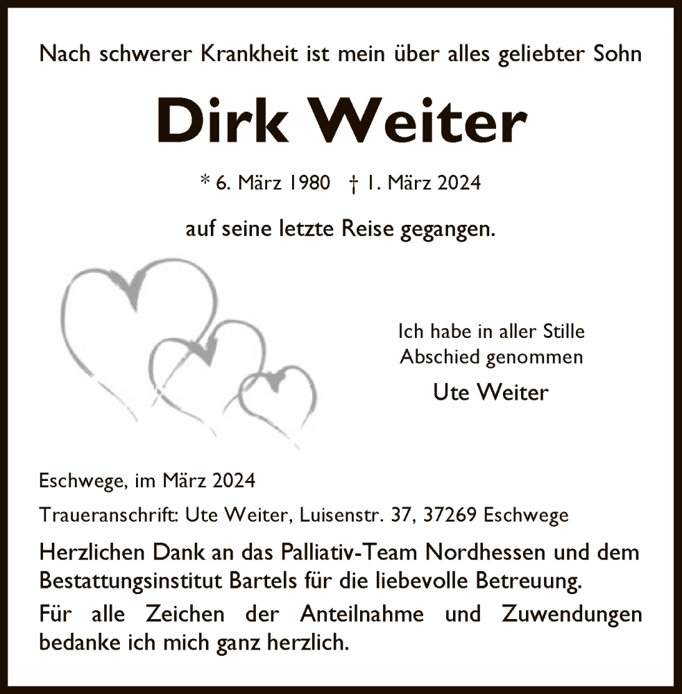  Traueranzeige für Dirk Weiter vom 09.03.2024 aus WRS
