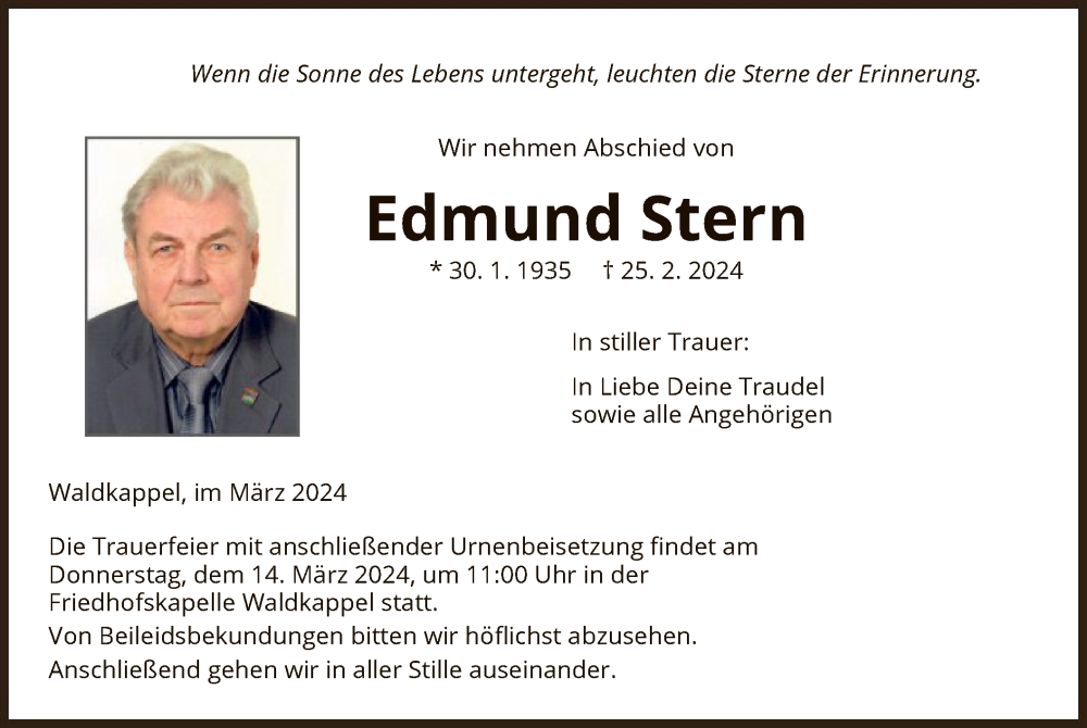  Traueranzeige für Edmund Stern vom 09.03.2024 aus WRS