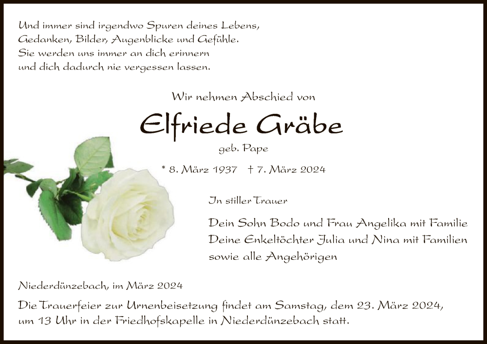  Traueranzeige für Elfriede Gräbe vom 20.03.2024 aus WRS