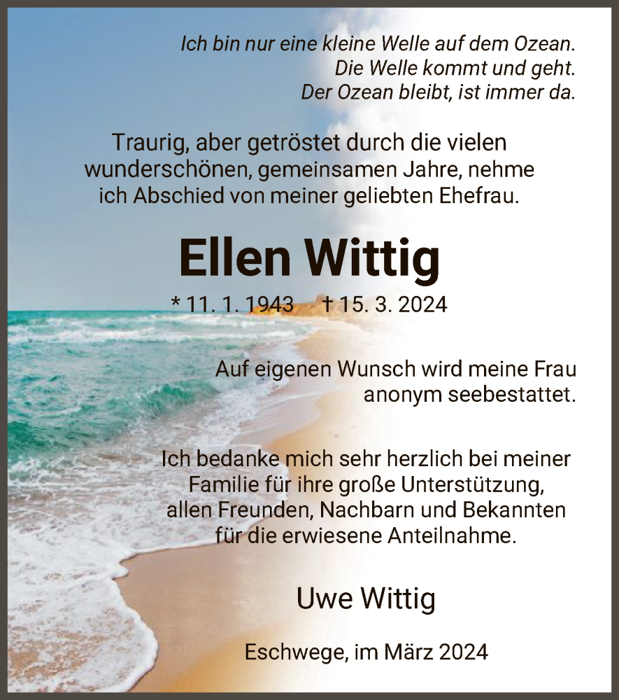  Traueranzeige für Ellen Wittig vom 23.03.2024 aus WRS