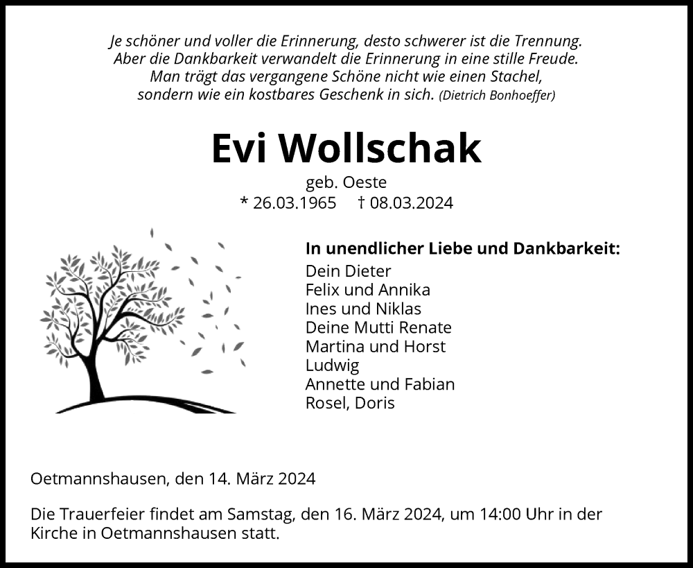  Traueranzeige für Evi Wollschak vom 14.03.2024 aus WRS