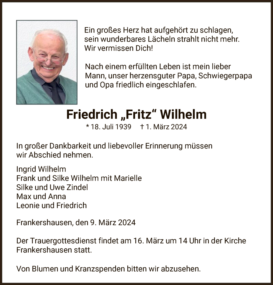  Traueranzeige für Friedrich Wilhelm vom 09.03.2024 aus WRSHNA