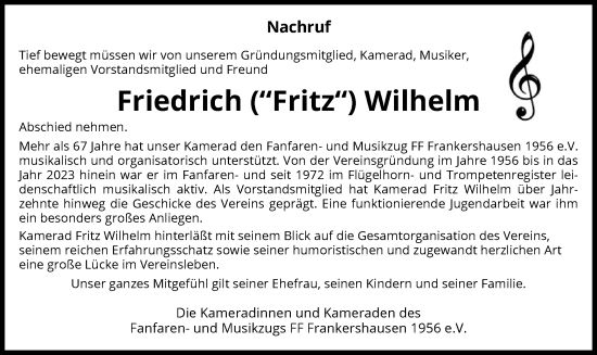 Traueranzeige von Friedrich Wilhelm von WRS