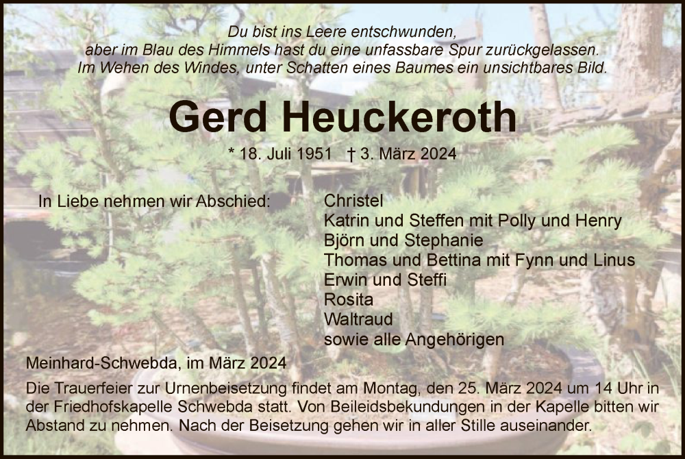  Traueranzeige für Gerd Heuckeroth vom 16.03.2024 aus WRS
