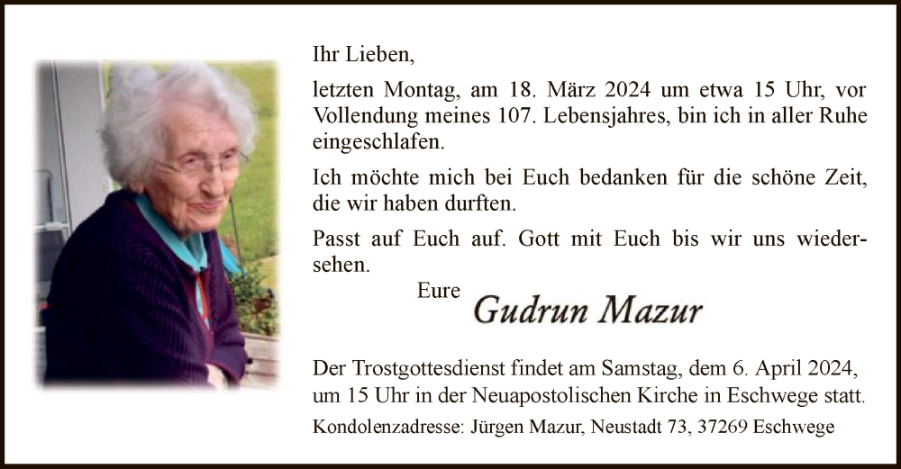  Traueranzeige für Gudrun Mazur vom 23.03.2024 aus WRS