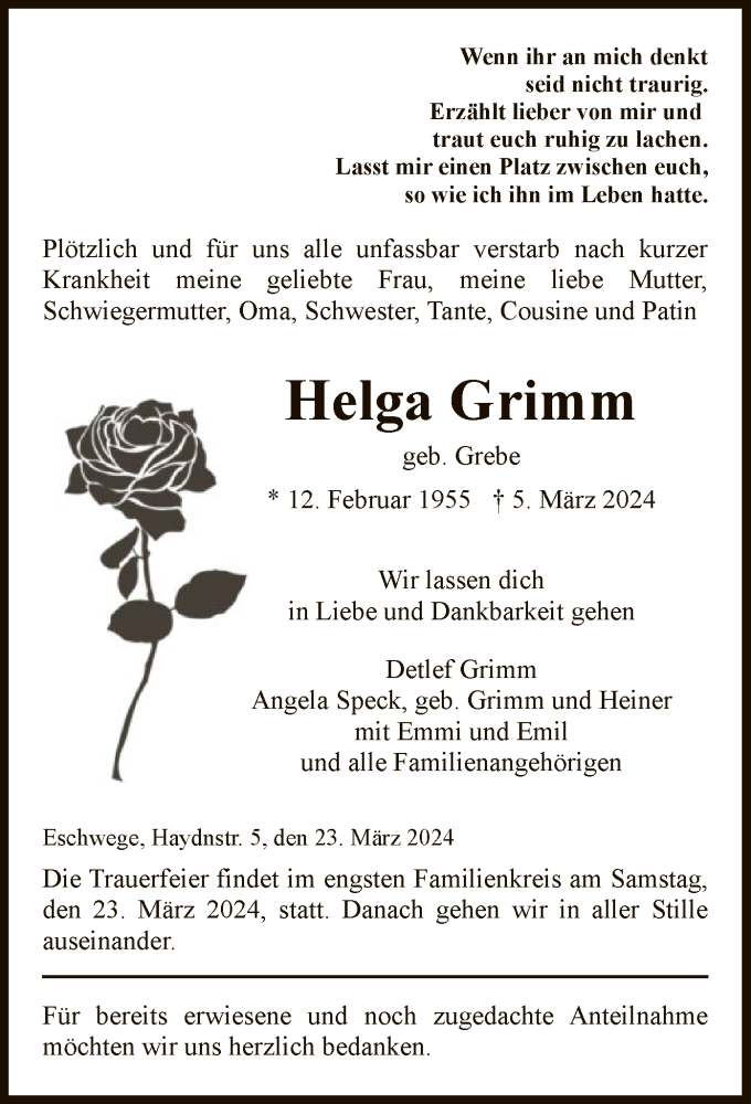  Traueranzeige für Helga Grimm vom 23.03.2024 aus WRS