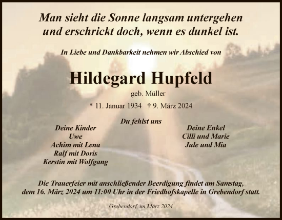 Traueranzeige von Hildegard Hupfeld von WRS