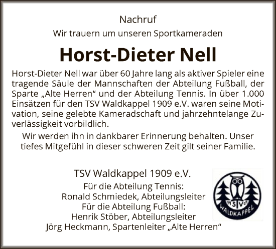 Traueranzeige von Horst-Dieter Nell von WRS