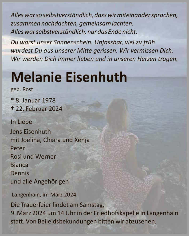  Traueranzeige für Melanie Eisenhuth vom 06.03.2024 aus WRS