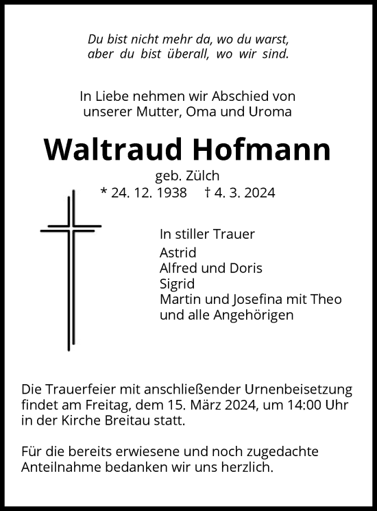 Traueranzeige von Waltraud Hofmann von WRS