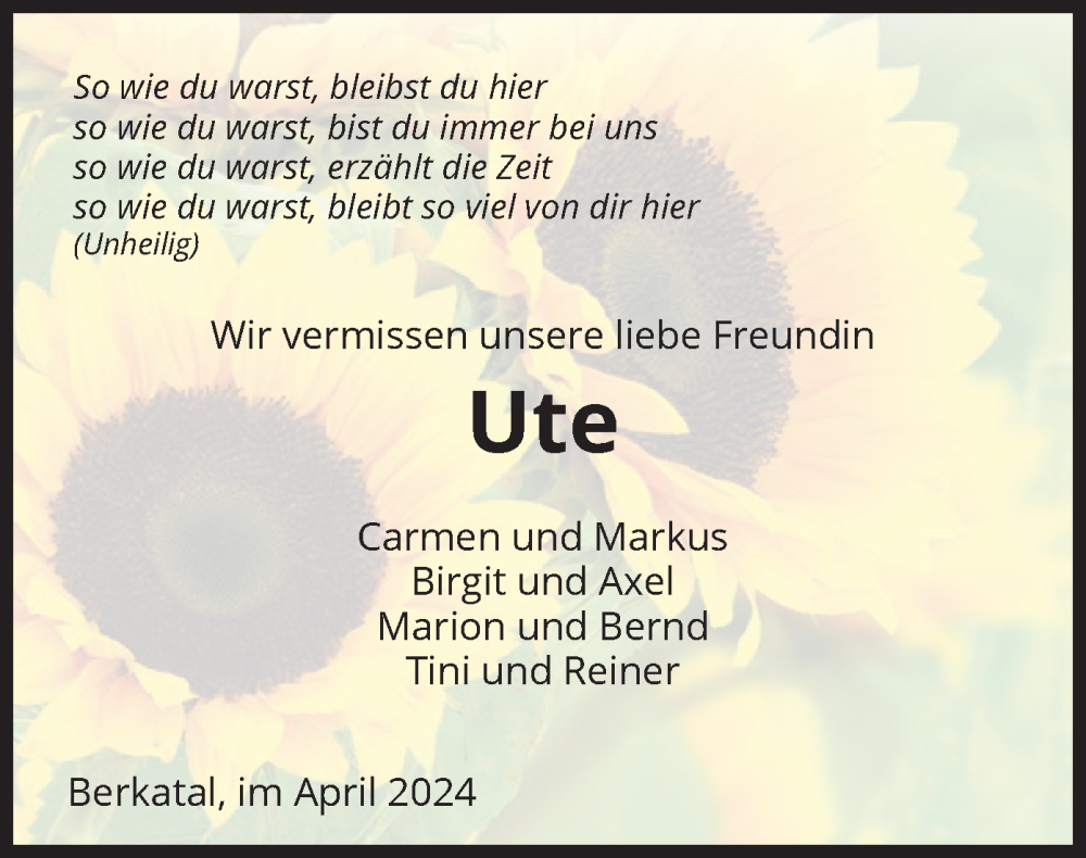  Traueranzeige für Ute Gutheil vom 13.04.2024 aus WRS 