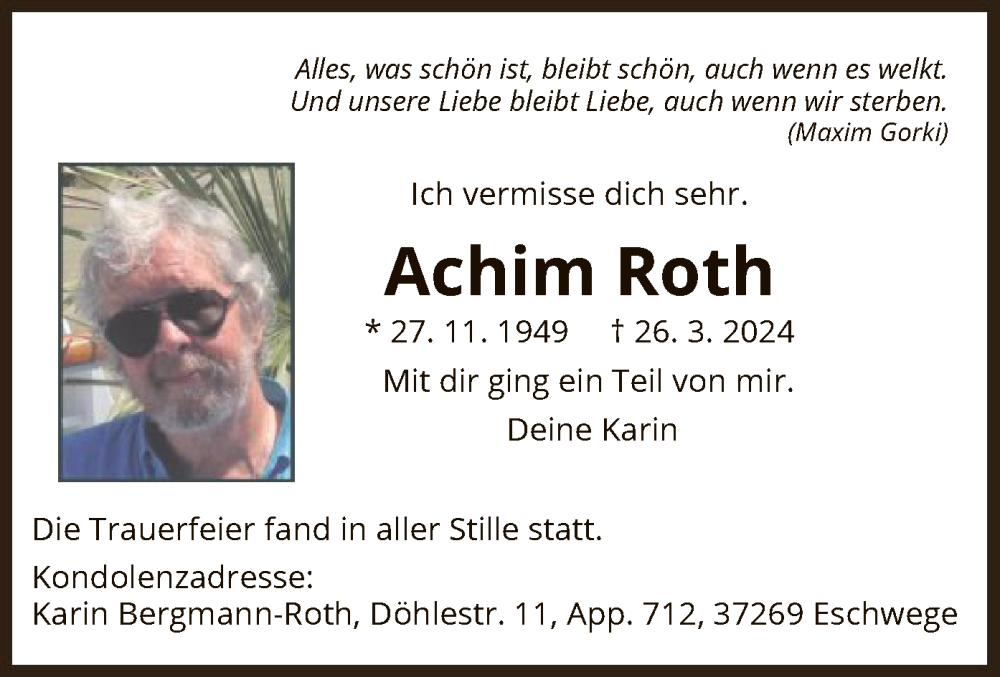  Traueranzeige für Achim Roth vom 20.04.2024 aus WRS