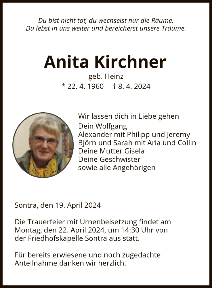  Traueranzeige für Anita Kirchner vom 19.04.2024 aus WRS