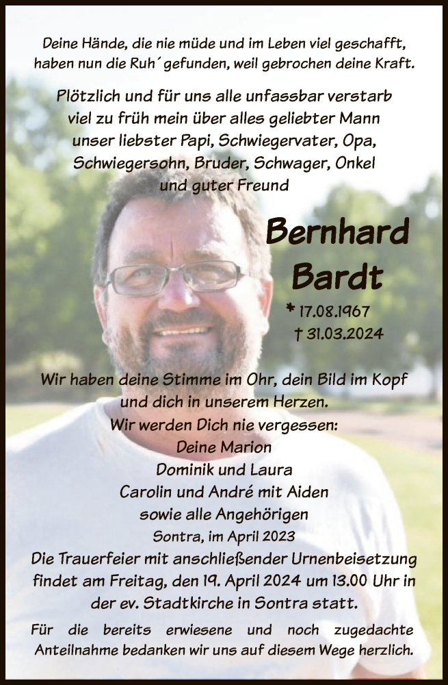  Traueranzeige für Bernhard Bardt vom 13.04.2024 aus WRS