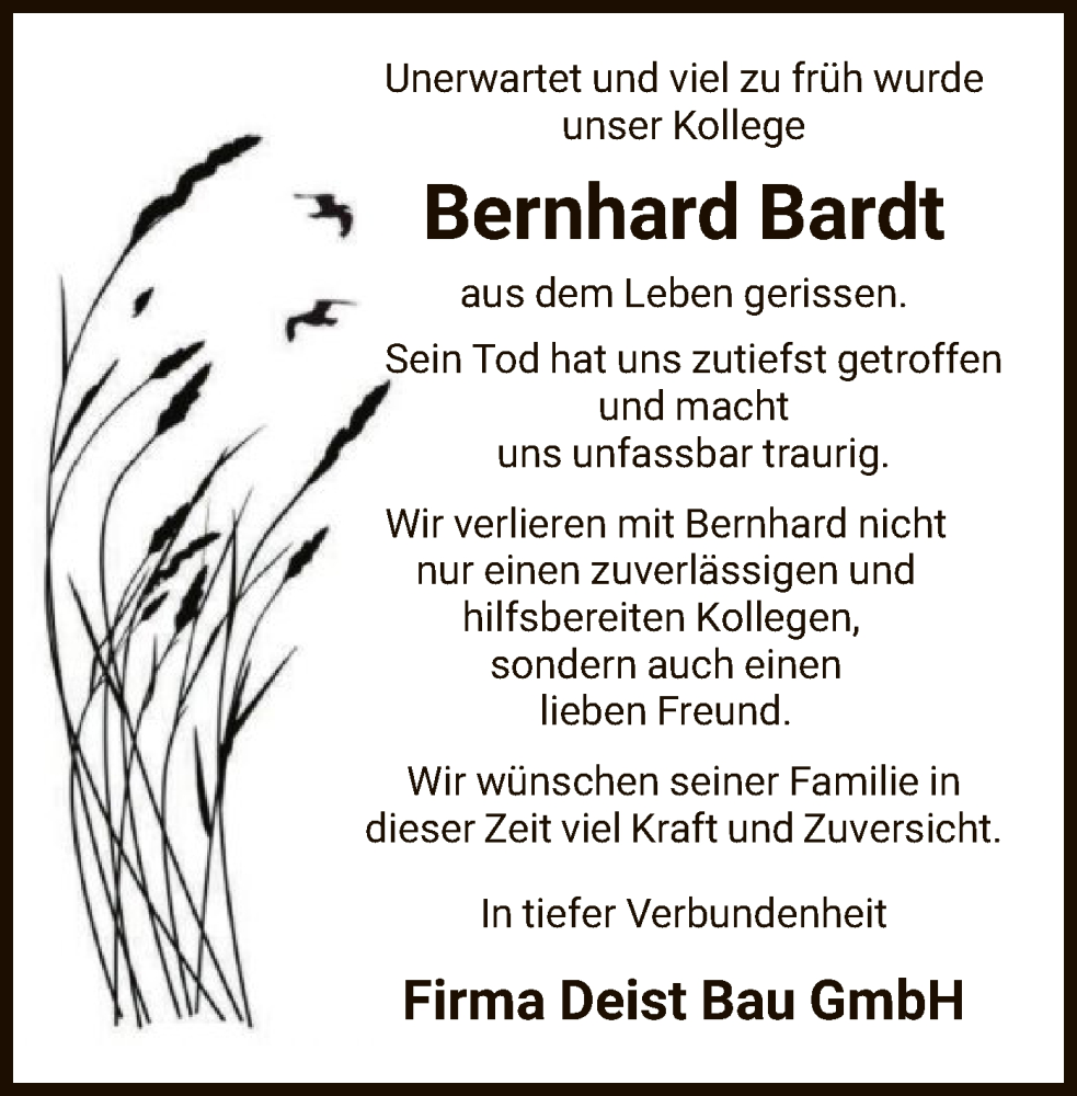  Traueranzeige für Bernhard Bardt vom 13.04.2024 aus WRS