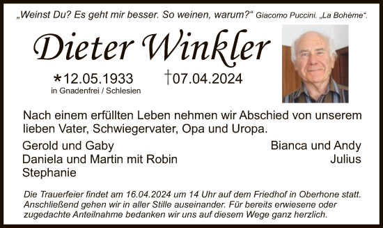 Traueranzeige von Dieter Winkler von WRS