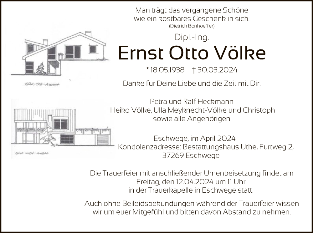  Traueranzeige für Ernst Otto Völke vom 06.04.2024 aus WRS