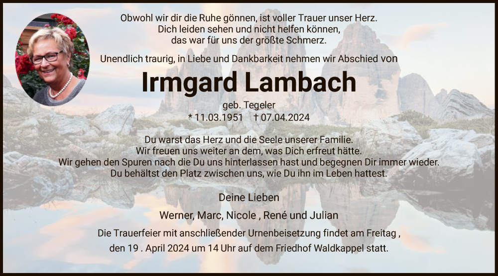  Traueranzeige für Irmgard Lambach vom 13.04.2024 aus WRS