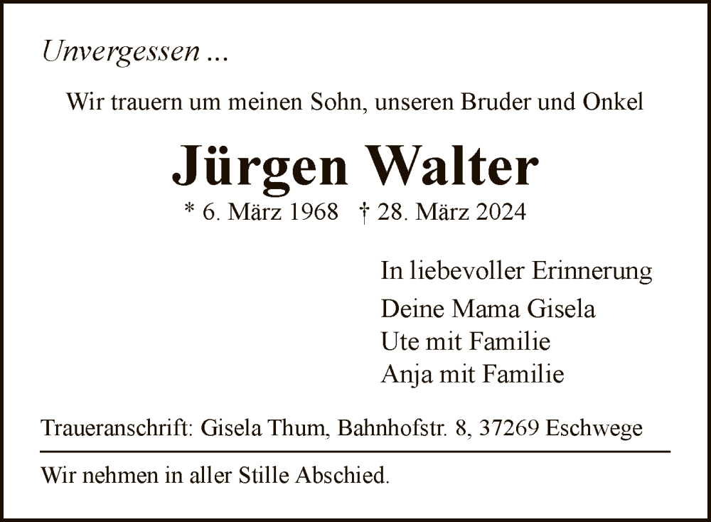 Traueranzeige für Jürgen Paul Walter vom 06.04.2024 aus WRS