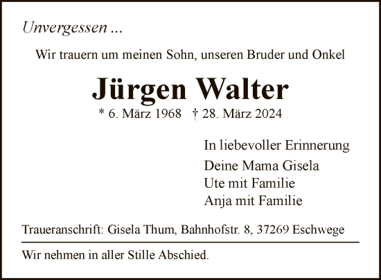 Traueranzeige von Jürgen Paul Walter von WRS