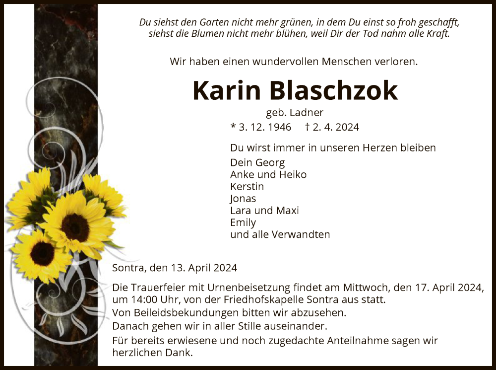  Traueranzeige für Karin Blaschzok vom 13.04.2024 aus WRS