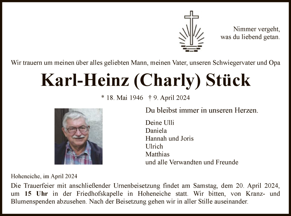  Traueranzeige für Karl-Heinz Stück vom 13.04.2024 aus WRS
