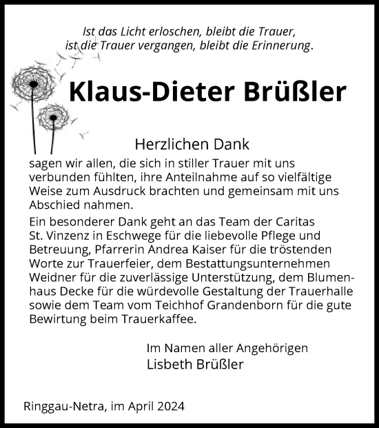 Traueranzeige von Klaus-Dieter Brüßler von WRS