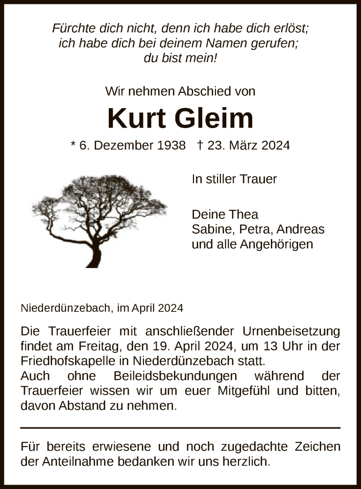  Traueranzeige für Kurt Gleim vom 17.04.2024 aus WRS