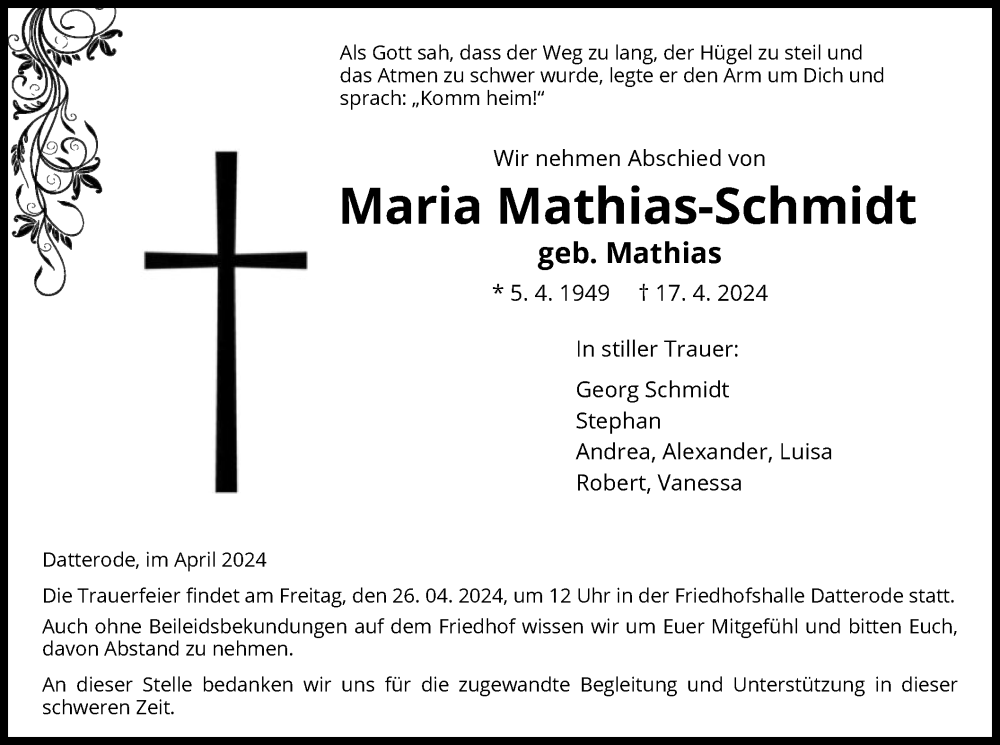  Traueranzeige für Maria Mathias-Schmidt vom 23.04.2024 aus WRS