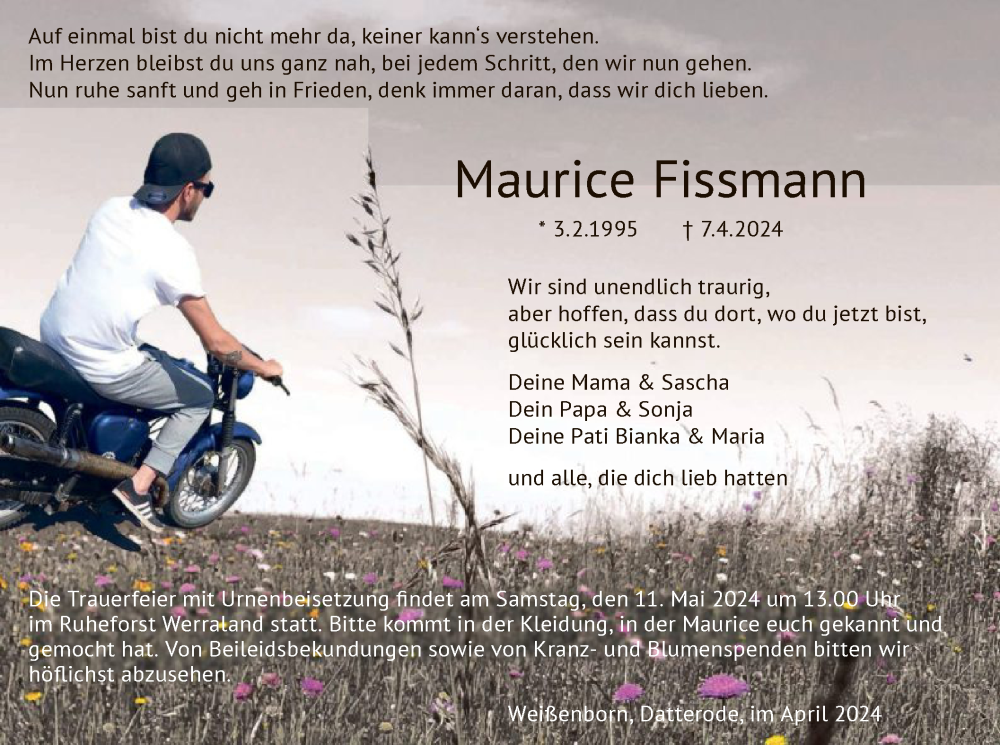  Traueranzeige für Maurice Fissmann vom 24.04.2024 aus WRS