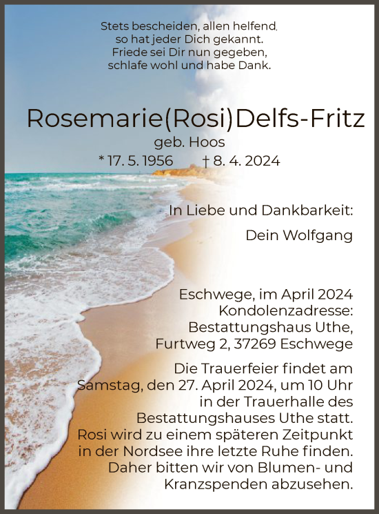 Traueranzeige von Rosemarie Delfs-Fritz von WRS