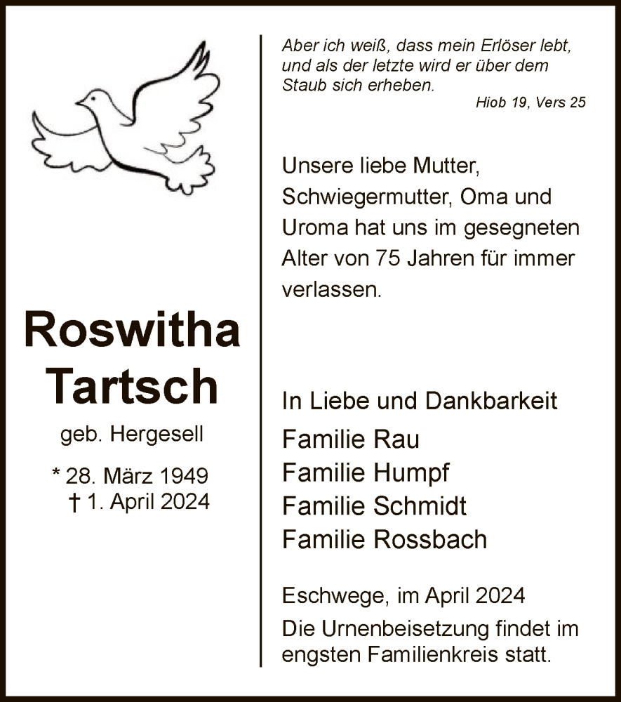  Traueranzeige für Roswitha Tartsch vom 06.04.2024 aus WRS