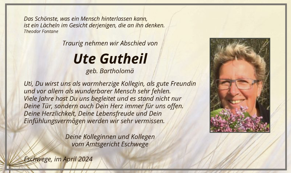  Traueranzeige für Ute Gutheil vom 13.04.2024 aus WRS
