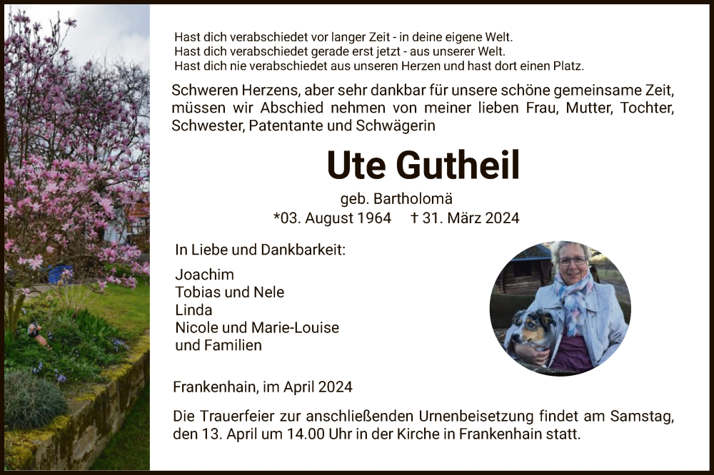  Traueranzeige für Ute Gutheil vom 06.04.2024 aus WRS