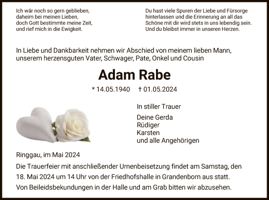 Traueranzeige von Adam Rabe von WRS