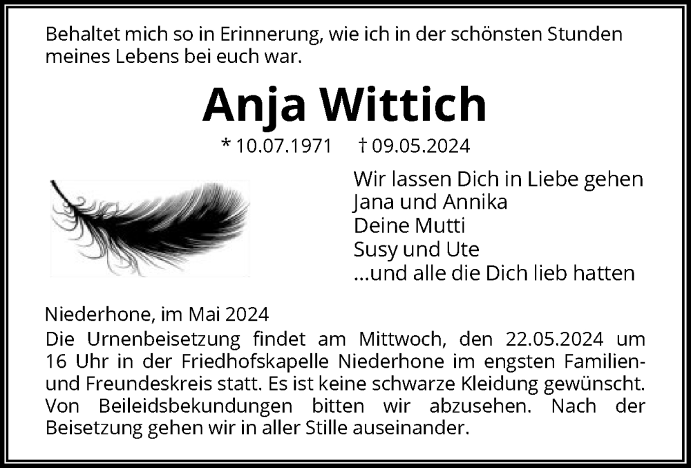  Traueranzeige für Anja Wittich vom 18.05.2024 aus WRS