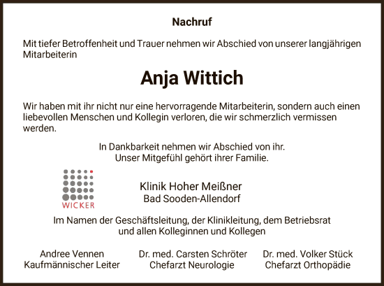 Traueranzeige von Anja Wittich von WRS