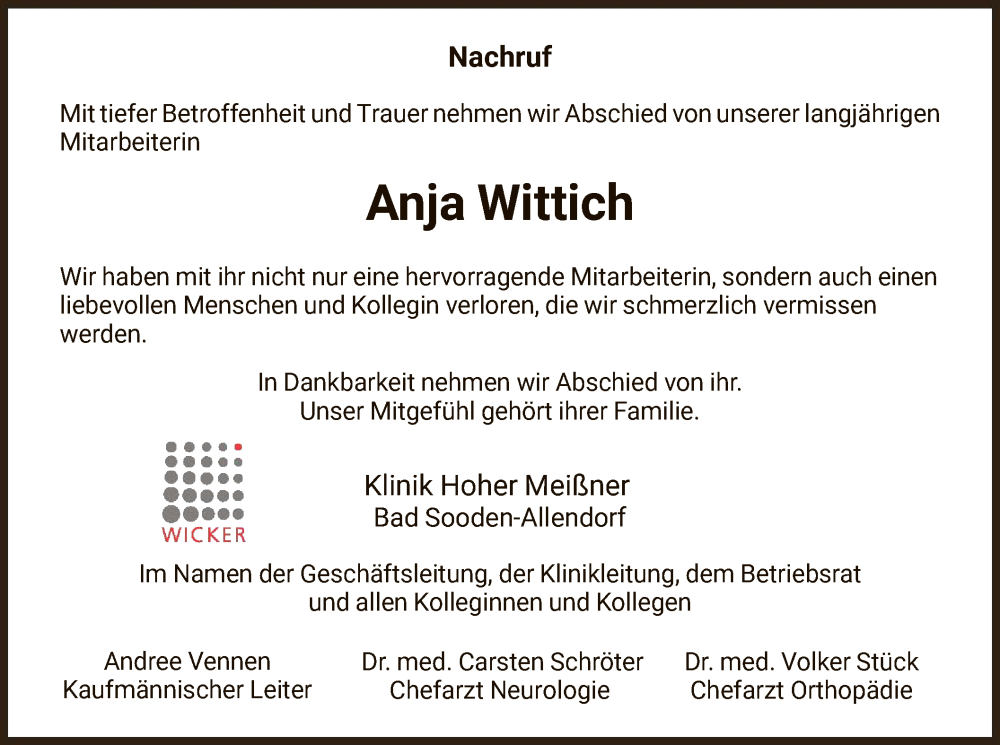  Traueranzeige für Anja Wittich vom 25.05.2024 aus WRS