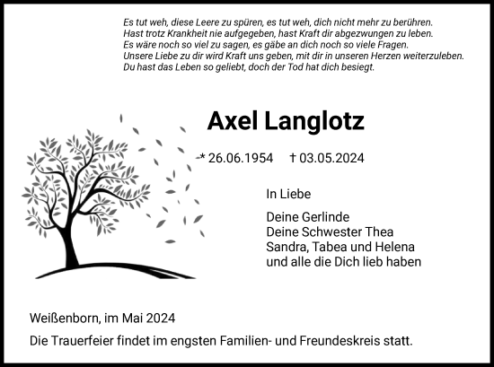 Traueranzeige von Axel Langlotz von WRS